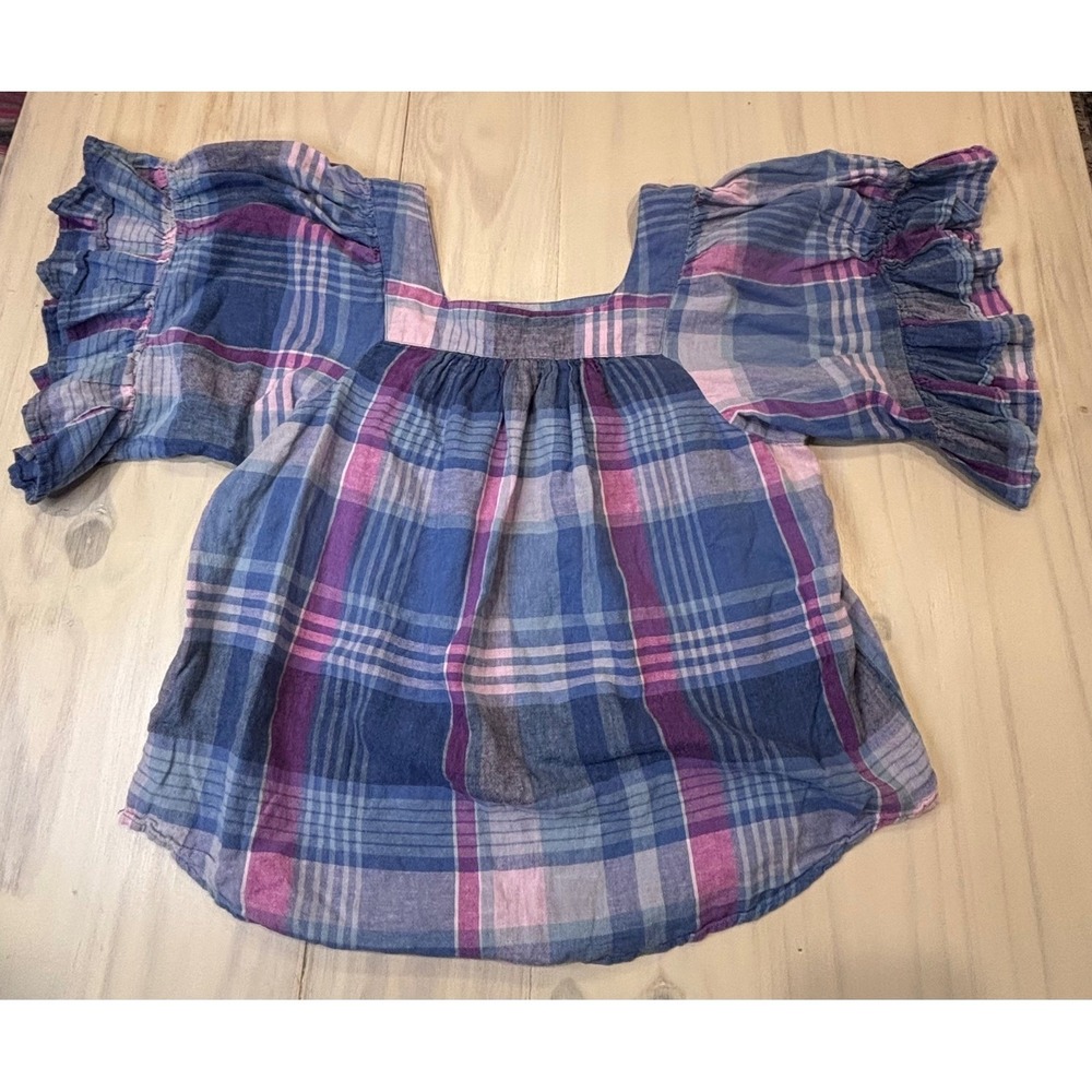 Beach Lunch Lounge Blue Purple Plaid Linen Cotton Square Neck Ruffle Top Large - Picture 13 of 13